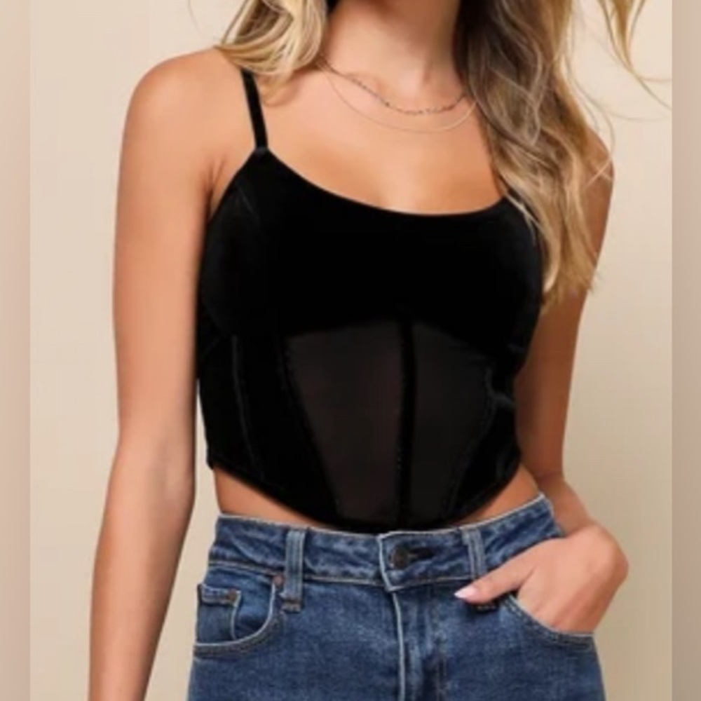 NEW - Lulus Confident Behavior Black Velvet Mesh Cropped Bustier Top. Xsmall
